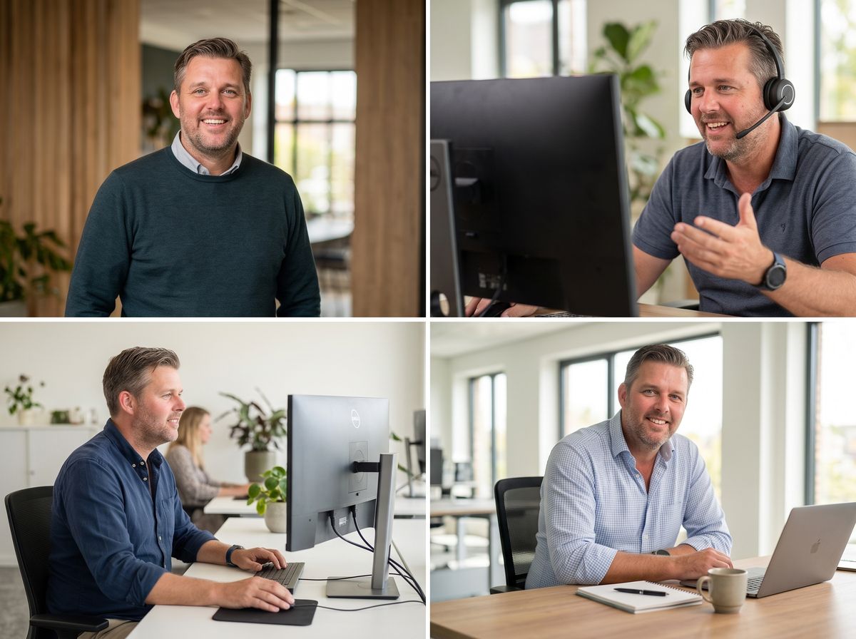 Marco van Rijn at work: on the phone, at the laptop and in a meeting